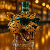 Golden Spotted Jaguar Head Glass Whiskey Bottle