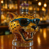 Golden Spotted Jaguar Head Glass Whiskey Bottle